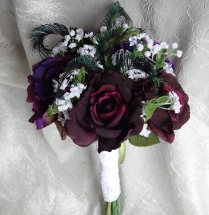 Purple bridal bouquet with peacock accent,  eggplant  and royal purple roses - Image 2