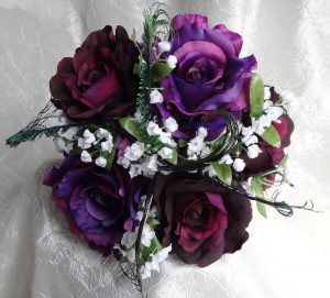 Purple bridal bouquet with peacock accent,  eggplant  and royal purple roses - Image 3