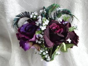 Purple bridal bouquet with peacock accent,  eggplant  and royal purple roses - Image 4