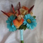 Blue daisy bouquet, champagne rose and orange calla lily