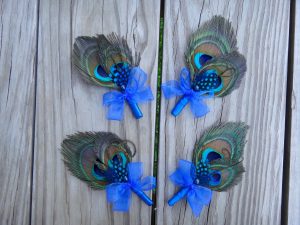 Peacock corsages, SET OF 4, for  bride's and groom's parents, Customize to match your wedding color