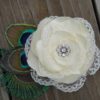 Bridal ivory satin lace flower hair clip accented with a rhinestone, peacock eye and sward feathers - Image 2
