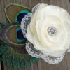 Bridal ivory satin lace flower hair clip accented with a rhinestone, peacock eye and sward feathers - Image 3