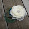 Bridal ivory satin lace flower hair clip accented with a rhinestone, peacock eye and sward feathers - Image 4