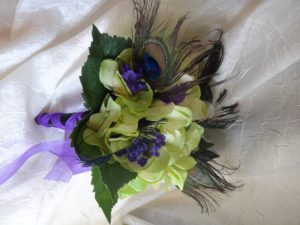 Lime green Hydrangea bouquet purple and peacock feather accent, for bridesmaids, bridal toss bouquet - Image 2