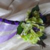 Lime green Hydrangea bouquet purple and peacock feather accent, for bridesmaids, bridal toss bouquet