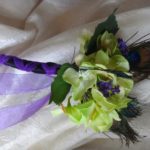Lime green Hydrangea bouquet purple and peacock feather accent, for bridesmaids, bridal toss bouquet
