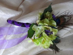 Lime green Hydrangea bouquet purple and peacock feather accent, for bridesmaids, bridal toss bouquet