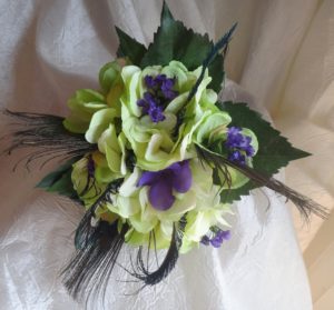 Lime green Hydrangea bouquet purple and peacock feather accent, for bridesmaids, bridal toss bouquet - Image 3
