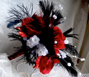 Red rose black bridal bouquet, black ostrich fathers, white flower and pearl accent, sale - Image 2