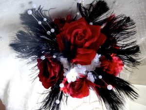 Red rose black bridal bouquet, black ostrich fathers, white flower and pearl accent, sale - Image 5