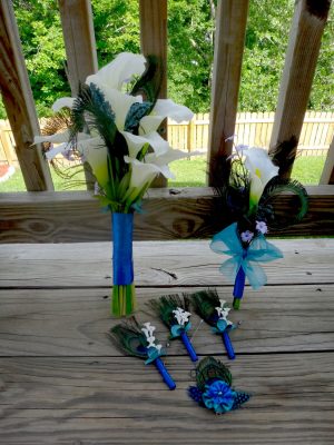 Calla lily peacock bouquet  for bridesmaids, single stem calla lily, purple and teal accent flowers - Image 2