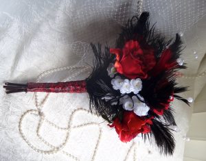 Red rose black bridal bouquet, black ostrich fathers, white flower and pearl accent, sale - Image 3
