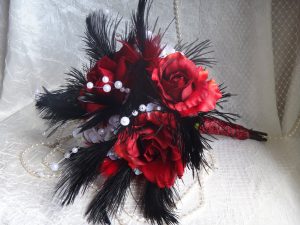 Red rose black bridal bouquet, black ostrich fathers, white flower and pearl accent, sale - Image 4