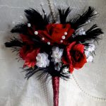 Red rose black bridal bouquet, black ostrich fathers, white flower and pearl accent, sale