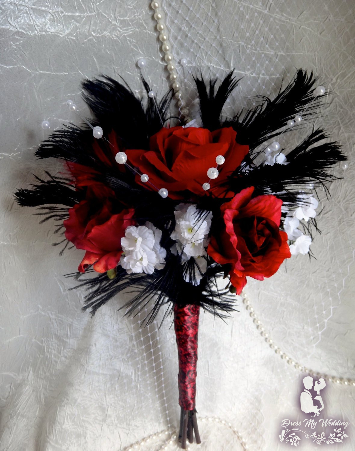 Dress My Wedding – Red rose black bridal bouquet, black ostrich fathers, white pearl accent, sale