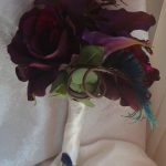 Purple bridal bouquet, toss bouquet, bridesmaid's bouquet with peacock accent