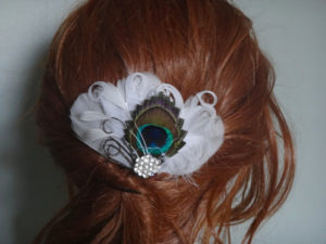 Bridal  feather hair piece, peacock white feathers, rhinestone