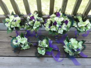 Lime green Hydrangea bouquet purple and peacock feather accent, for bridesmaids, bridal toss bouquet - Image 4
