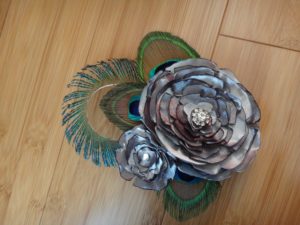 Bridal satin flower hair piece with peacock feathers, available in more colors - Image 2