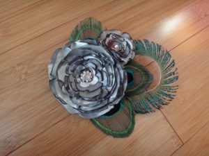 Bridal satin flower hair piece with peacock feathers, available in more colors - Image 3