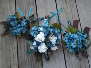 Teal hydrangea peacock bridal bouquet set, 1 bridal bouquet, 3 bridesmaids bouquets