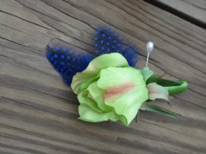 Lime green and king blue bridal bouquet and matching boutonniere, purple flower and rhinestone accent, - Image 3