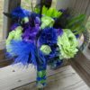 Lime green and king blue bridal bouquet and matching boutonniere, purple flower and rhinestone accent, - Image 2