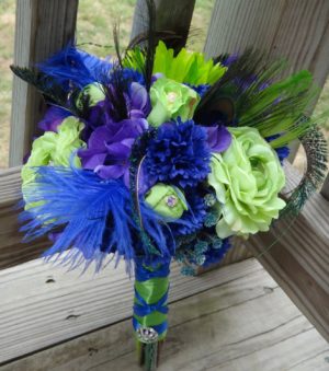 Lime green and king blue bridal bouquet and matching boutonniere, purple flower and rhinestone accent, - Image 2
