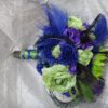 Lime green and king blue bridal bouquet and matching boutonniere, purple flower and rhinestone accent, - Image 4