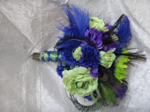 Lime green and king blue bridal bouquet and matching boutonniere, purple flower and rhinestone accent, - Image 4