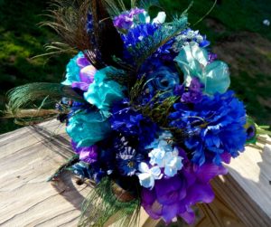 Peacock bridal bouquet, teal, purple, blue bridal bouquet with peacock feather accent - Image 2