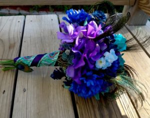 Peacock bridal bouquet, teal, purple, blue bridal bouquet with peacock feather accent - Image 4