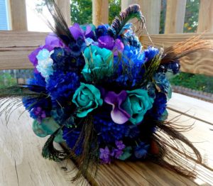 Peacock bridal bouquet, teal, purple, blue bridal bouquet with peacock feather accent