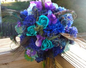 Peacock bridal bouquet, teal, purple, blue bridal bouquet with peacock feather accent - Image 3