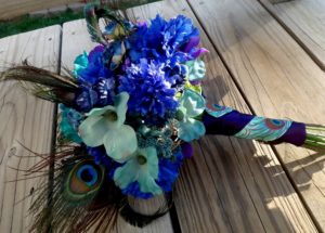 Peacock bridal bouquet, teal, purple, blue bridal bouquet with peacock feather accent - Image 5