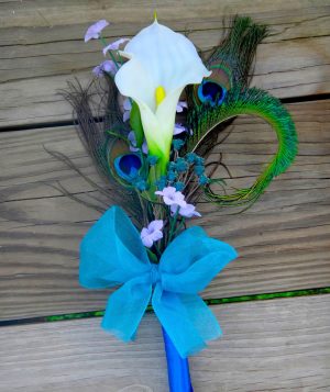 Calla lily peacock bouquet  for bridesmaids, single stem calla lily, purple and teal accent flowers