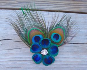 Peacock feather flower hair clip with untrimmed peacock feathers "Maria"  rhinestone accent - Image 3