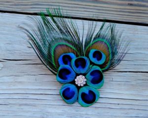 Peacock feather flower hair clip with untrimmed peacock feathers "Maria"  rhinestone accent
