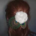 Bridal hair piece, red flower, ivory, natural peacock eye and sward feathers