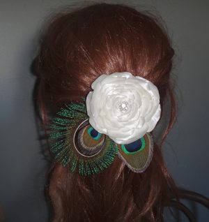 Bridal hair piece, red flower, ivory, natural peacock eye and sward feathers