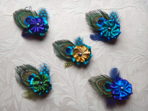 bridesmaid's purple- blue flower hair clips,  peacock feathers,  freshwater pearls - Image 5