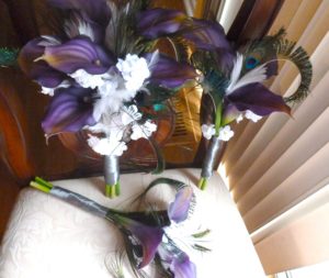 Plum and yellow calla lily bridal bouquet, peacock feathers, orchids, plum wedding bouquet, eggplant purple - Image 4