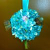 Teal hydrangea pomander, kissing ball with peacock feather accent