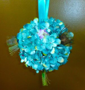 Teal hydrangea pomander, kissing ball with peacock feather accent