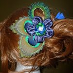 Satin flower peacock feather hair piece
