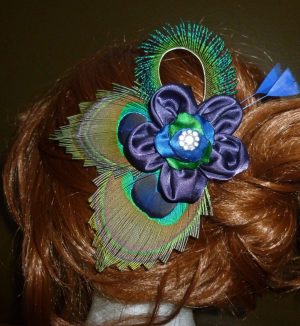 Satin flower peacock feather hair piece - Image 2