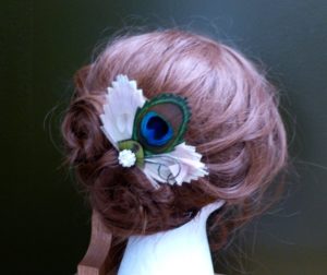 Ivory peacock feather hair accessory, ivory and natural peacock feather hair clip