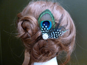 Bridesmaids peacock polka dot feather hair clip, customizable