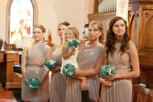 Teal hydrangea bouquet with garden mums - Image 5